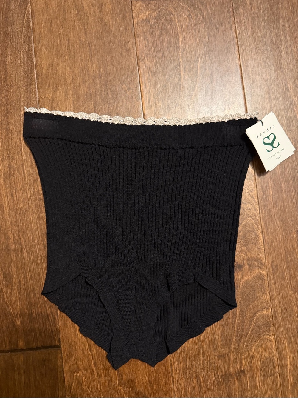Sandro Black Ribbed High-Waist Knit Shorts with Cream Lace